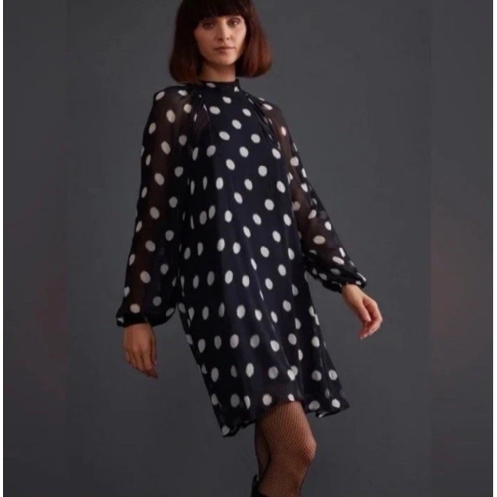 Anthropologie Maeve Long-Sleeve Sheer‎ Mini Dress Sz S - Black White Polka Dot